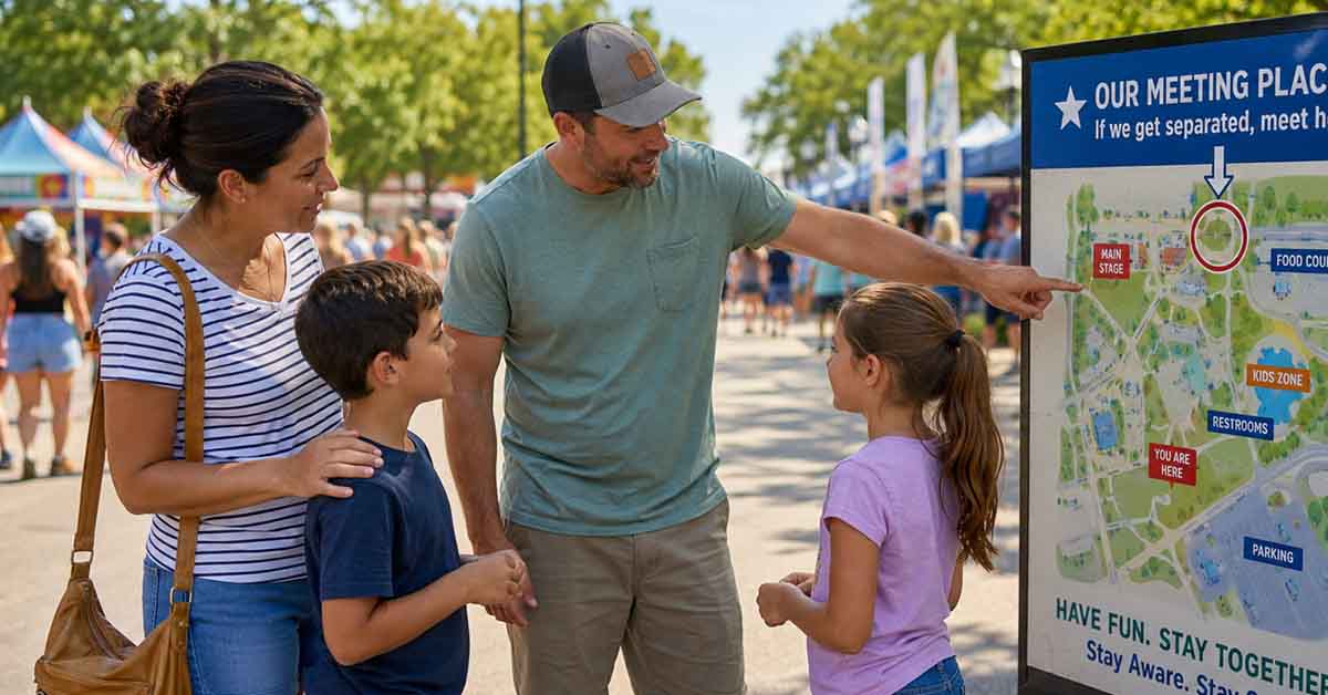 Parents show their children a meeting place map before entering a busy summer event.