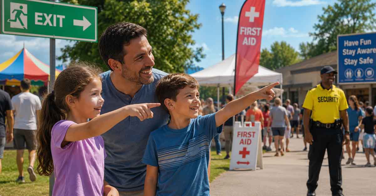 Parent and children point out exit, first aid, and security locations at a summer fair.