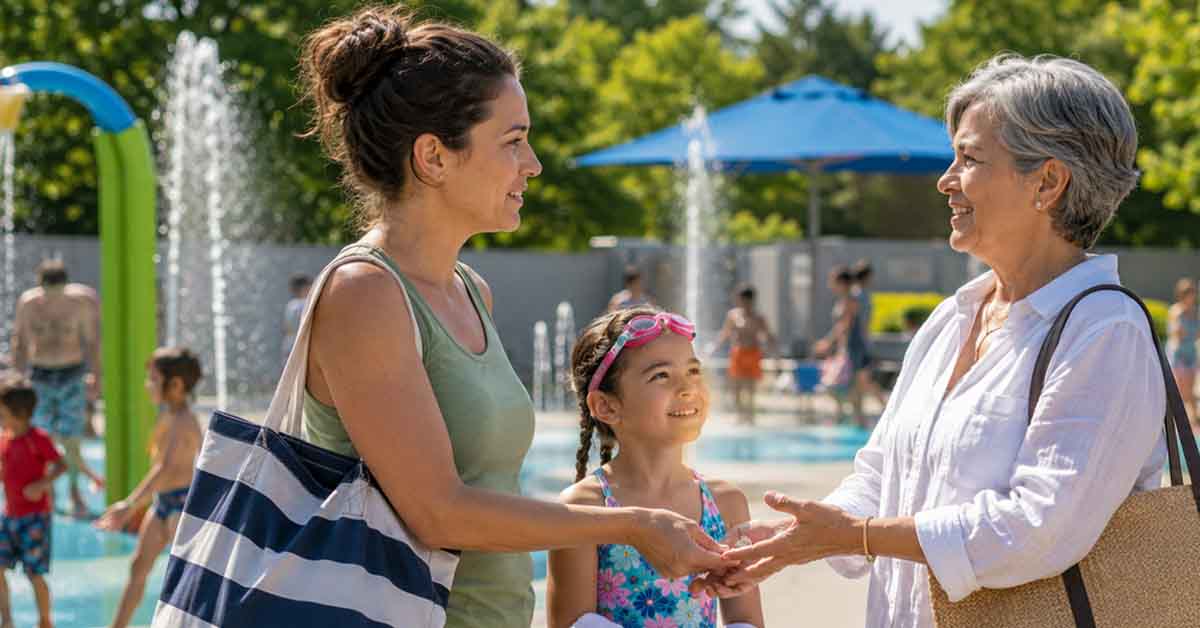 Parent and grandparent confirm child supervision during a summer splash pad outing.