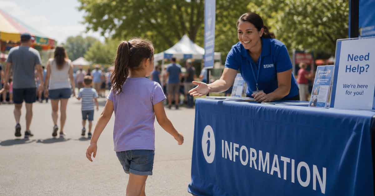 Young child confidently walks toward an information booth staff member at a summer event.