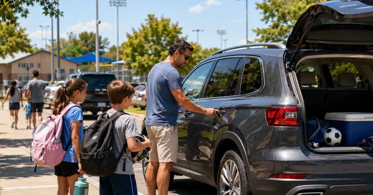 Parent locks a family vehicle before heading into a sports venue with children.
