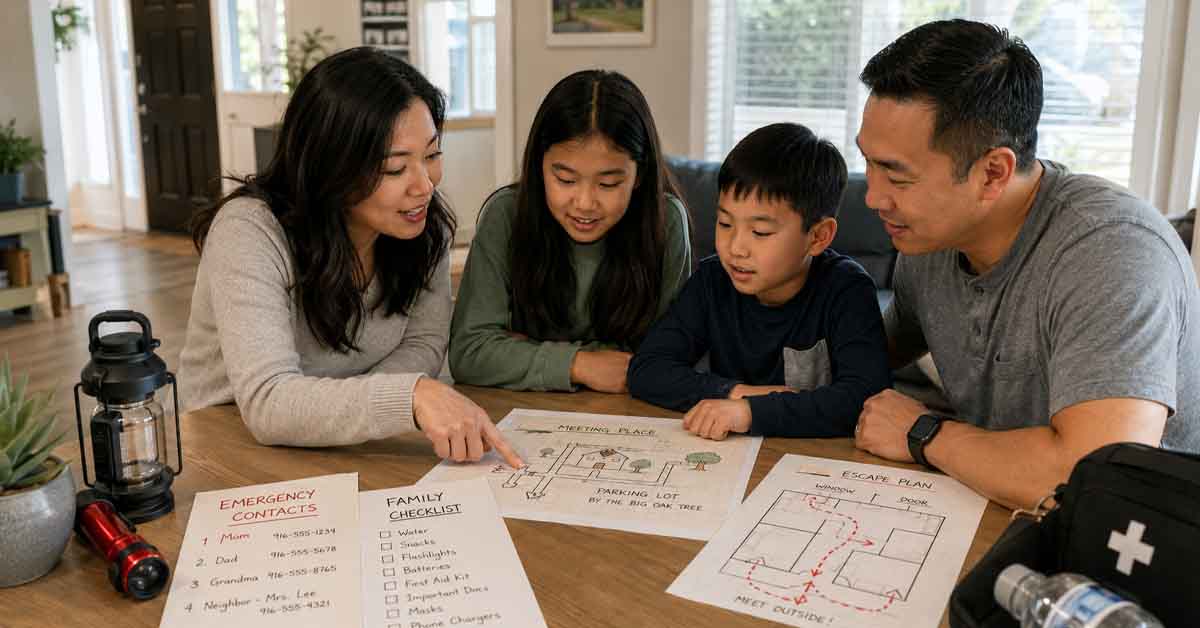 Korean American family reviews emergency contacts, meeting place, and fire escape plan at home.