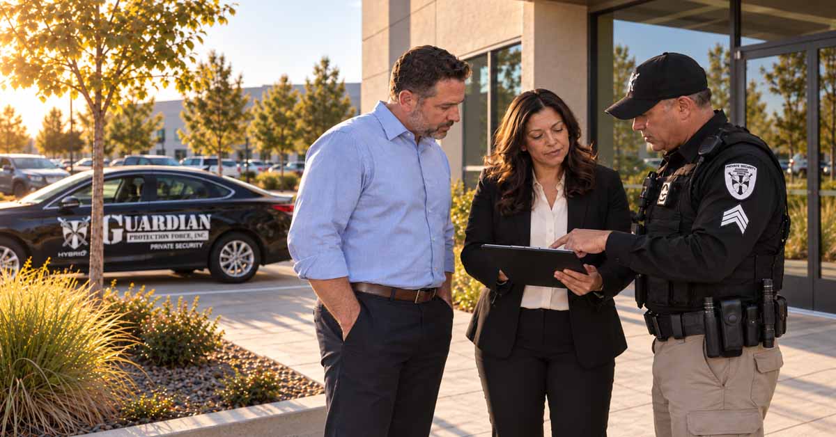 Sacramento Business Emergency Preparedness Planning | Guardian Protection Force Guardian Protection Force security officer reviews an emergency preparedness plan with Sacramento-area business leaders outside a commercial property.